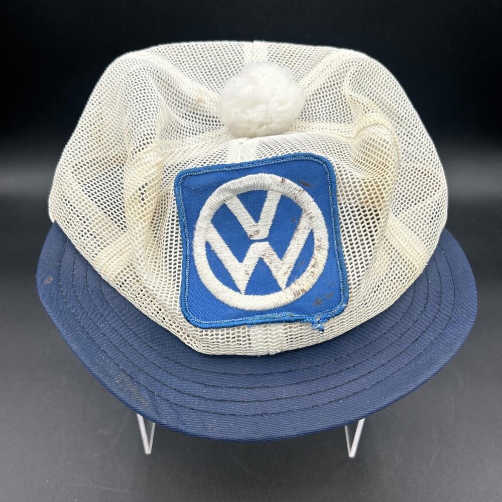 Vintage Volkswagen Mesh Short Brim Adjustable White And Blue Hat, with Pompom